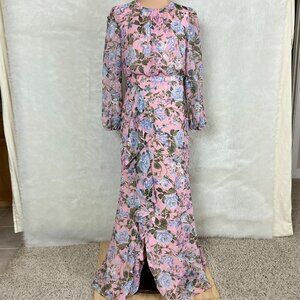 Eliza J Pink Blue Green Floral Chiffon Ruffle Cascade Maxi Dress NWT 8